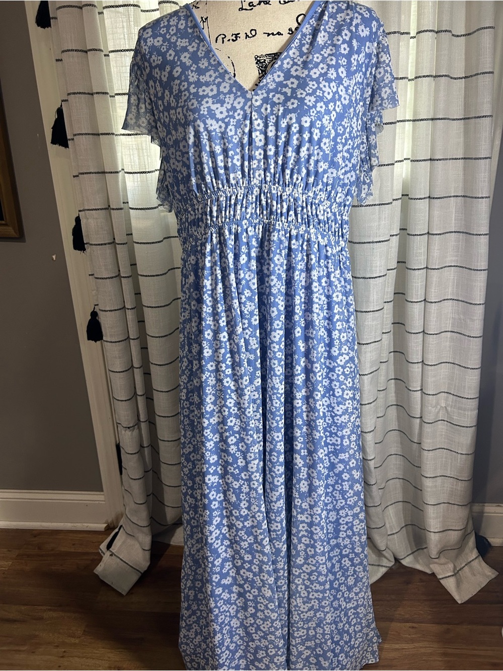 Blue Floral V-Neck Maxi Dress with Smocked Waist